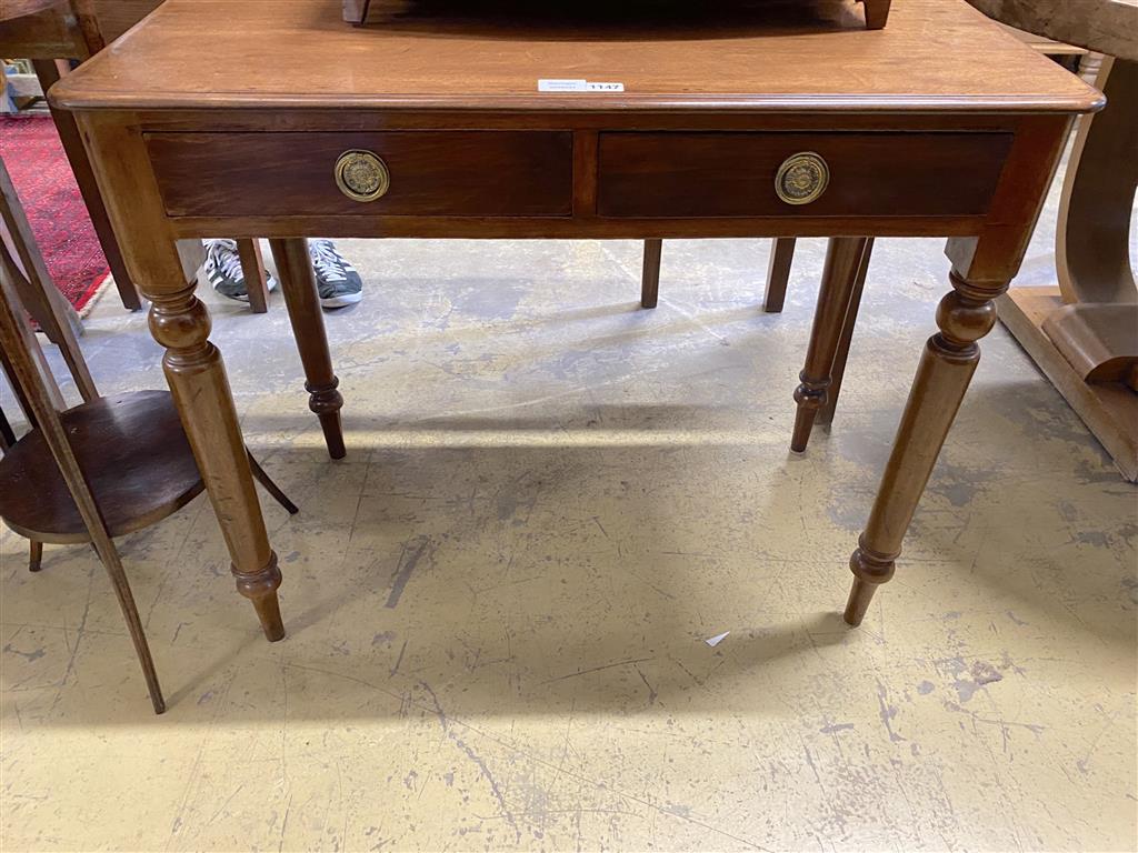 A Victorian mahogany side table fitted two drawers, width 89cm, depth 45cm, height 80cm